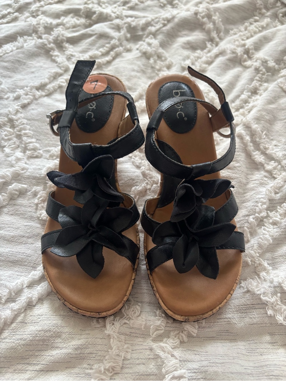 B.O.C. Born Black Floral Cork Wedge Sandals Size 7